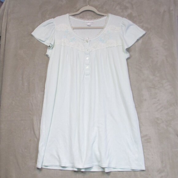 Miss Elaine Mint Green Cotton Blend Knit Nightgown Embroidered Size L - Picture 1 of 6